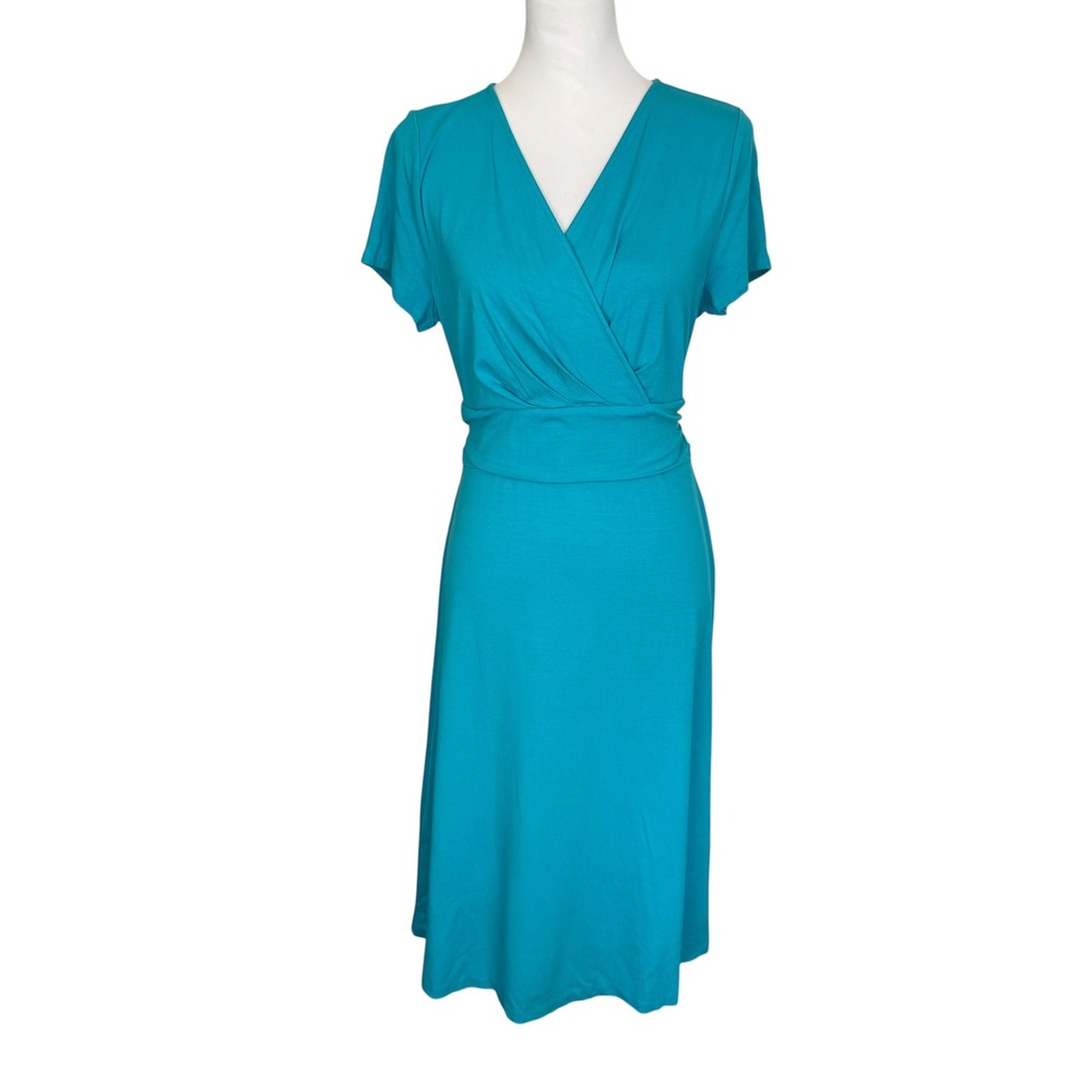Talbots Teal Blue Faux Wrap Midi Dress Womens Size M Short Sleeve Jersey Knit